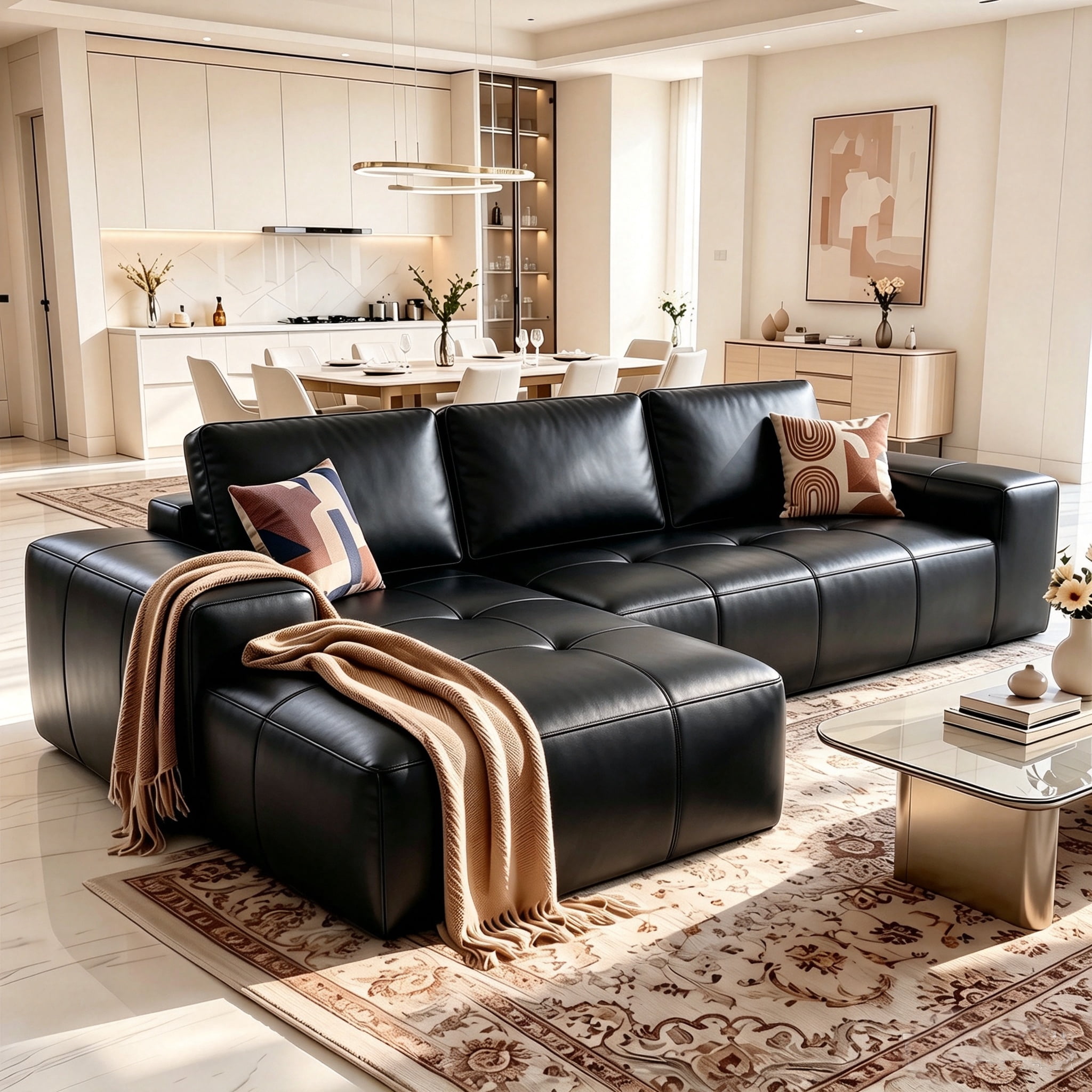 Aukfa 115" Leather Cloud Sectional Sofa Oversized Boneless Couch Modular L-Shaped Sofa for Living Room, Left Chaise, Black