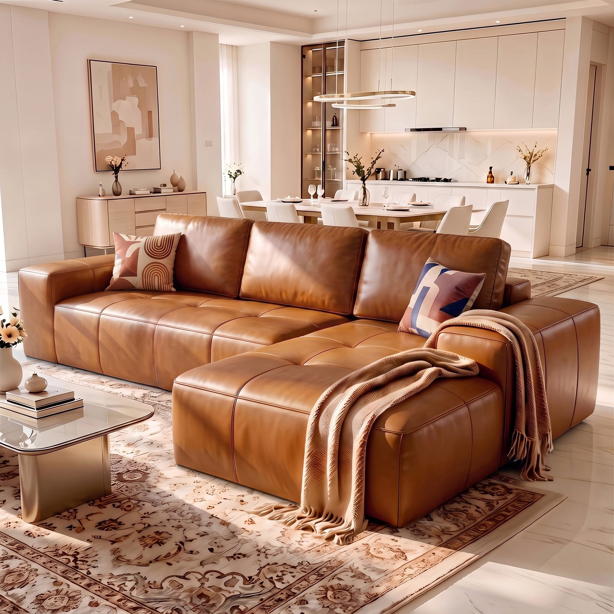 Aukfa 115" Leather Cloud Sectional Sofa Oversized Boneless Couch Modular L-Shaped Sofa for Living Room, Right Chaise, Brown
