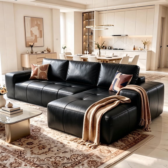 Aukfa 115" Leather Cloud Sectional Sofa Oversized Boneless Couch Modular L-Shaped Sofa for Living Room, Right Chaise, Black