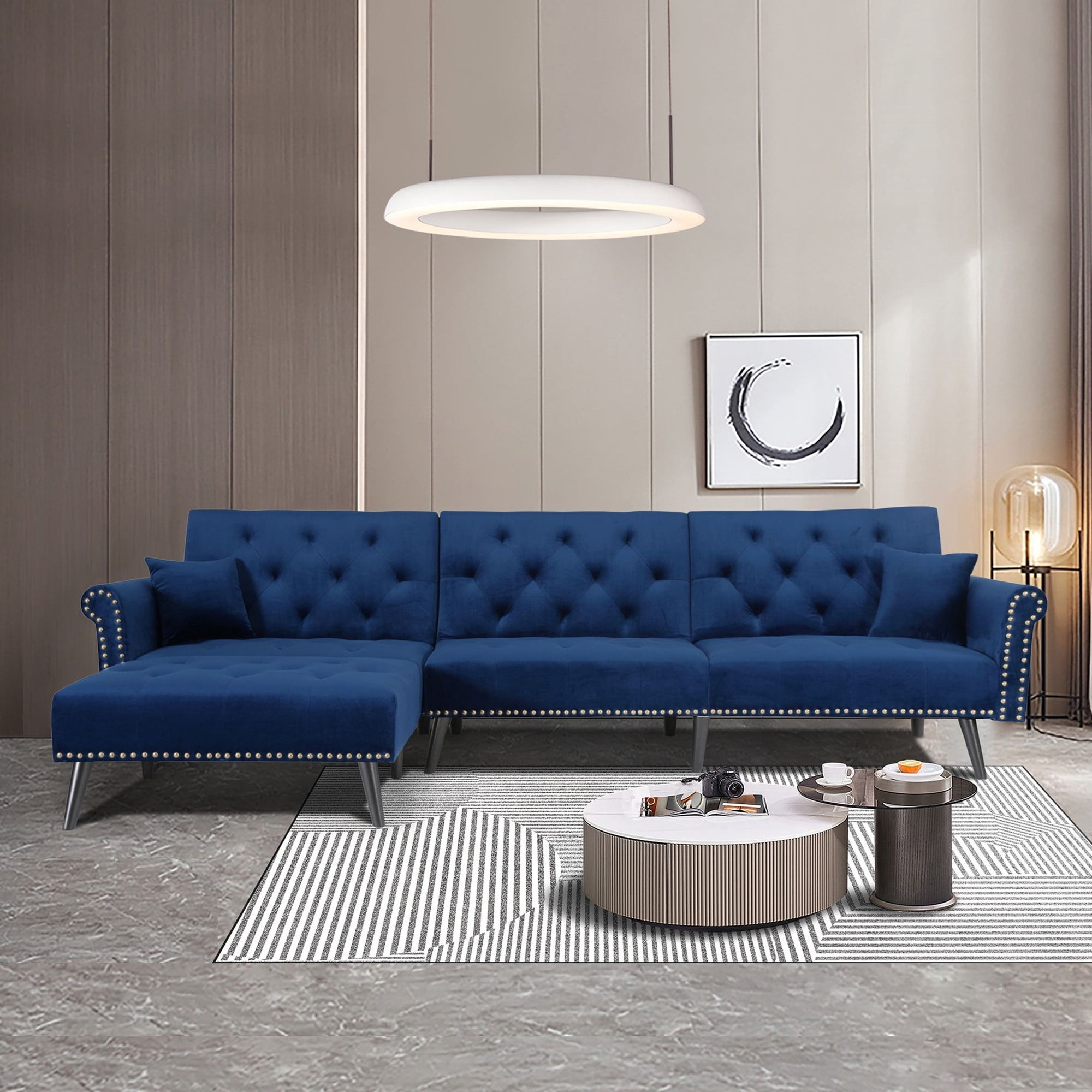Aukfa 115" Velvet Sectional Sleeper Sofa for Living Room, Convertible Sofa Bed Queen, Blue