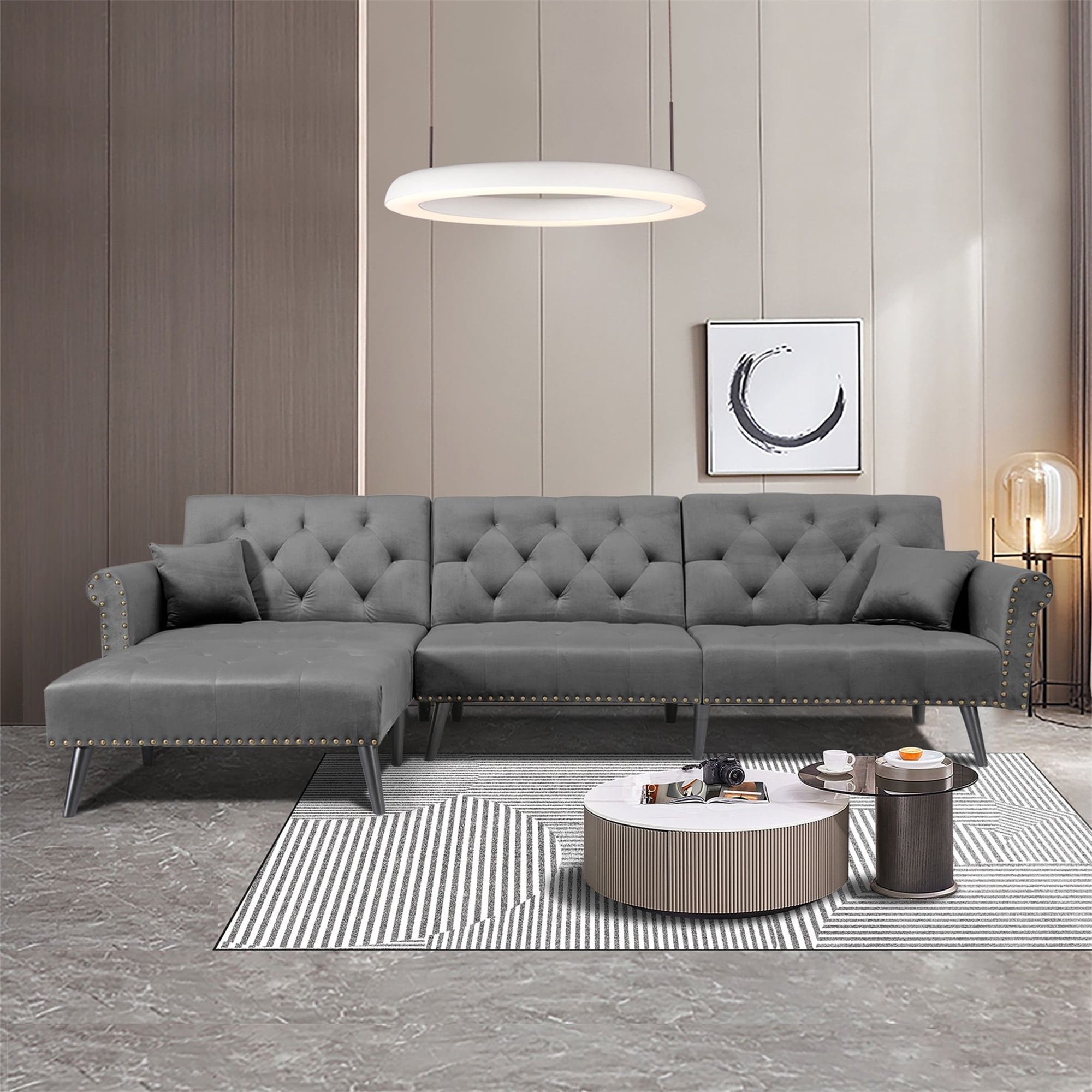 Aukfa 115" Velvet Sectional Sleeper Sofa for Living Room, Convertible Sofa Bed Queen, Dark Gray