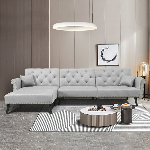 Aukfa 115" Velvet Sectional Sleeper Sofa for Living Room, Convertible Sofa Bed Queen, Light Gray