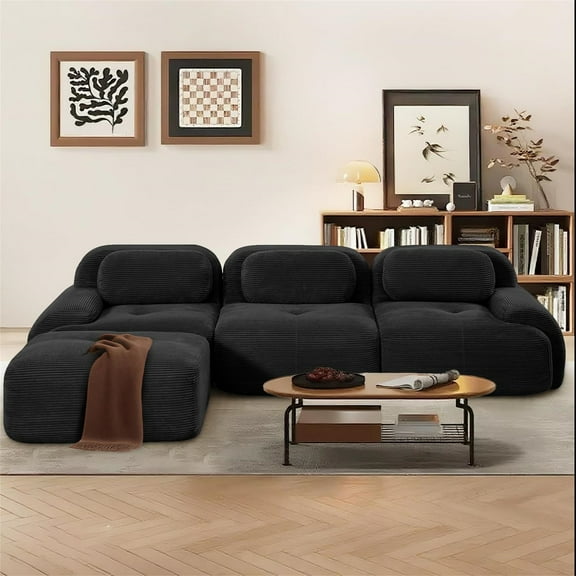 Aukfa 117" Modular Sectional Sofa Overstuffed Boneless Couch, 3Pillows, No Assembly, Corduroy, Black