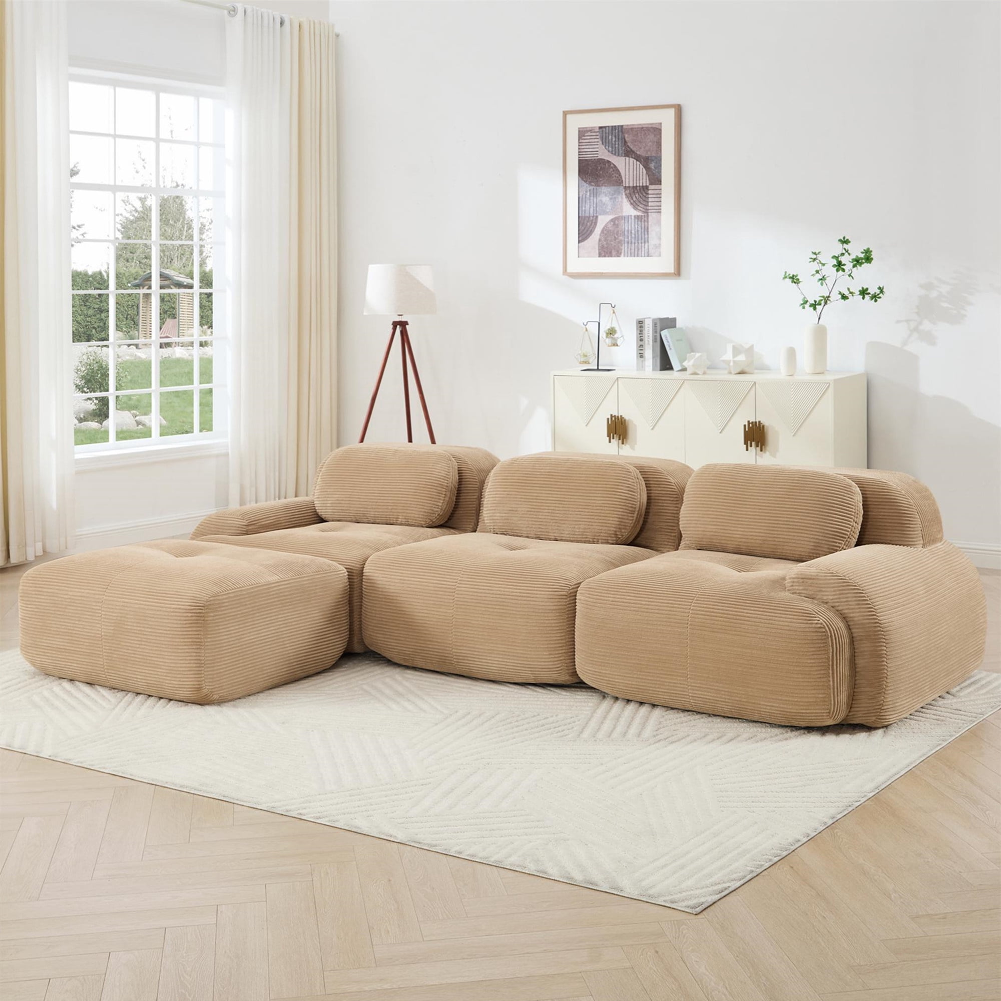 Aukfa 117" Modular Sectional Sofa Overstuffed Boneless Couch, 3Pillows, No Assembly, Corduroy, Camel
