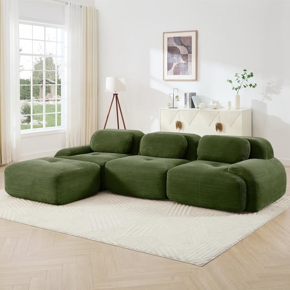 Aukfa 117" Modular Sectional Sofa Overstuffed Boneless Couch, 3Pillows, No Assembly, Corduroy, Creen