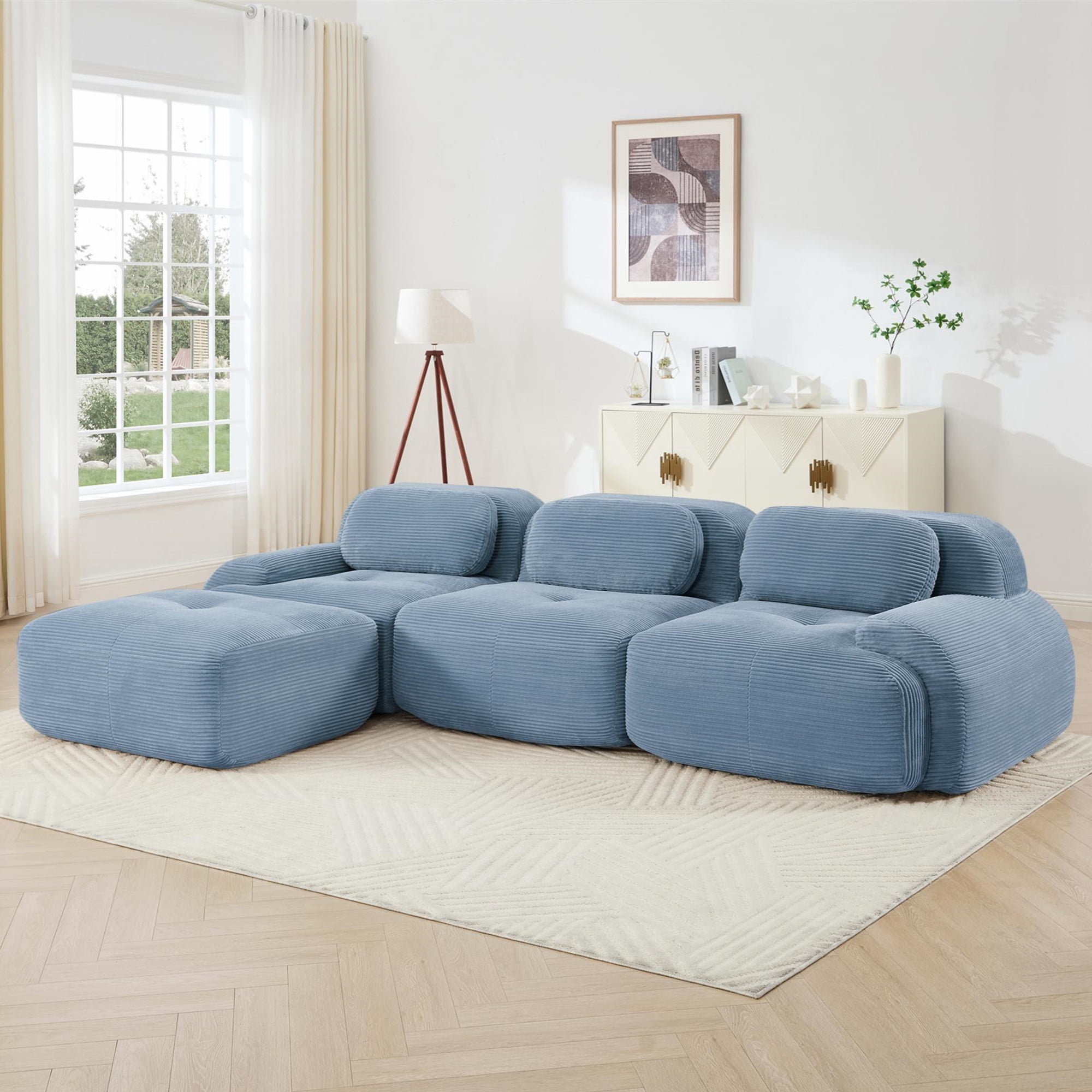 Aukfa 117" Modular Sectional Sofa Overstuffed Boneless Couch, 3Pillows, No Assembly, Corduroy, Blue