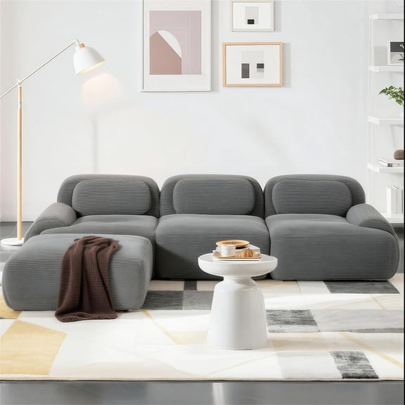 Aukfa 117" Modular Sectional Sofa Overstuffed Boneless Couch, 3Pillows, No Assembly, Corduroy, Cray