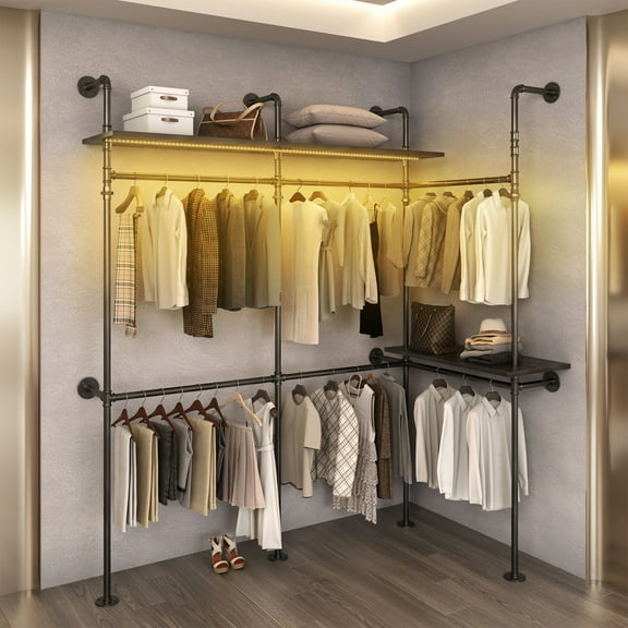 Aukfa 118" Industrial Pipe Clothing Rack with Lights, Shelves, Walk-in Closet System, Wardrobe Rack