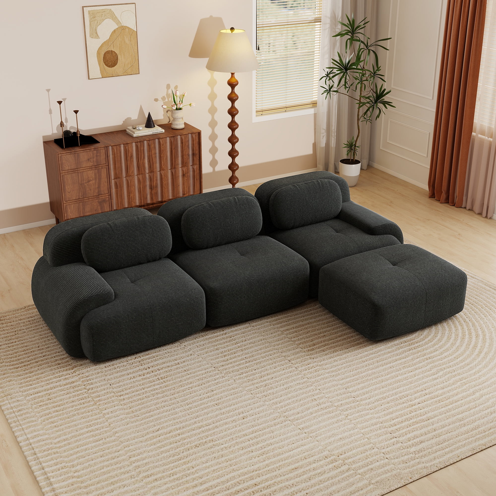 Aukfa 118" L-Shaped Modular Sofa, Oversized 3-Seater w/ Deep Seat, Ottoman, Corduroy, No Assembly, Black