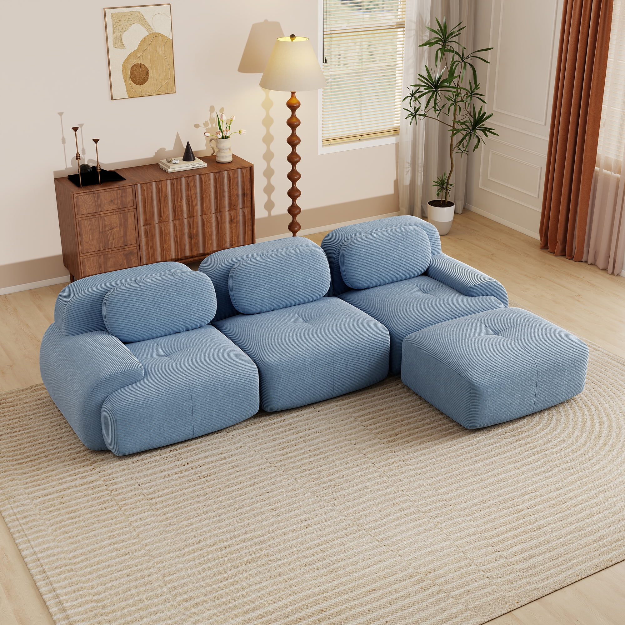 Aukfa 118" L-Shaped Modular Sofa, Oversized 3-Seater w/ Deep Seat, Ottoman, Corduroy, No Assembly, Blue