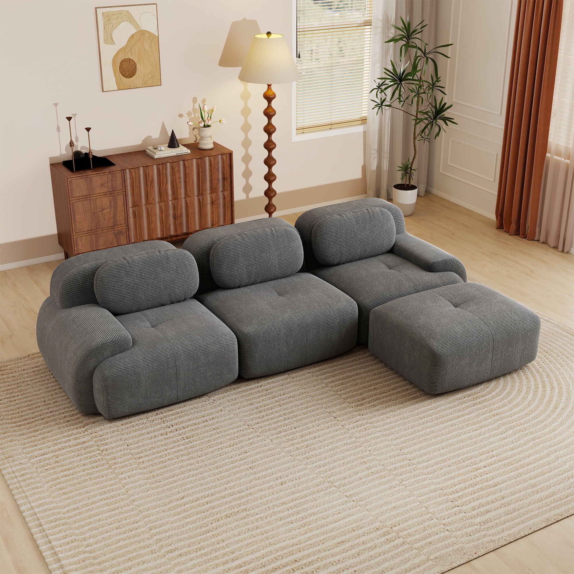 Aukfa 118" L-Shaped Modular Sofa, Oversized 3-Seater w/ Deep Seat, Ottoman, Corduroy, No Assembly, Gray