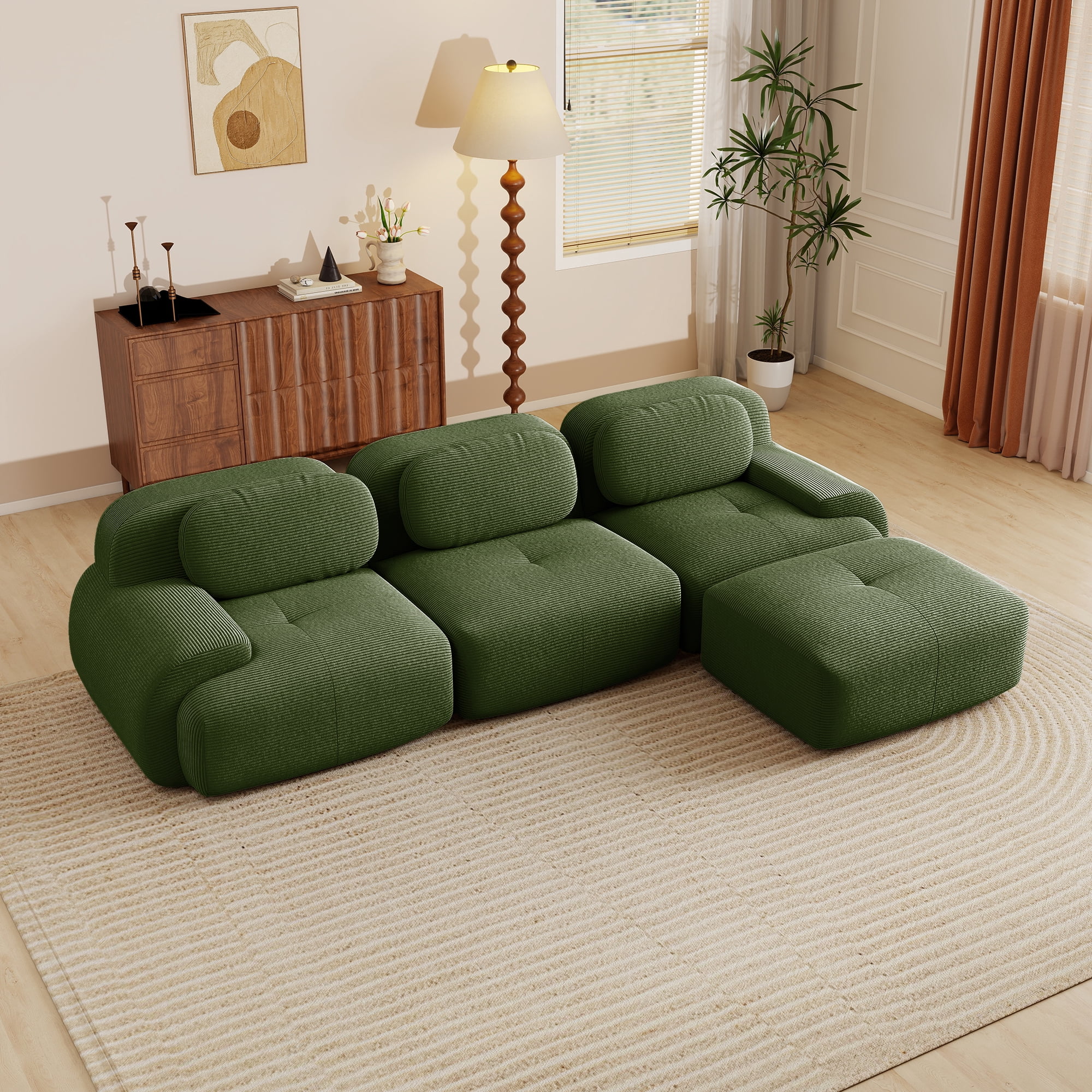 Aukfa 118" L-Shaped Modular Sofa, Oversized 3-Seater w/ Deep Seat, Ottoman, Corduroy, No Assembly, Green