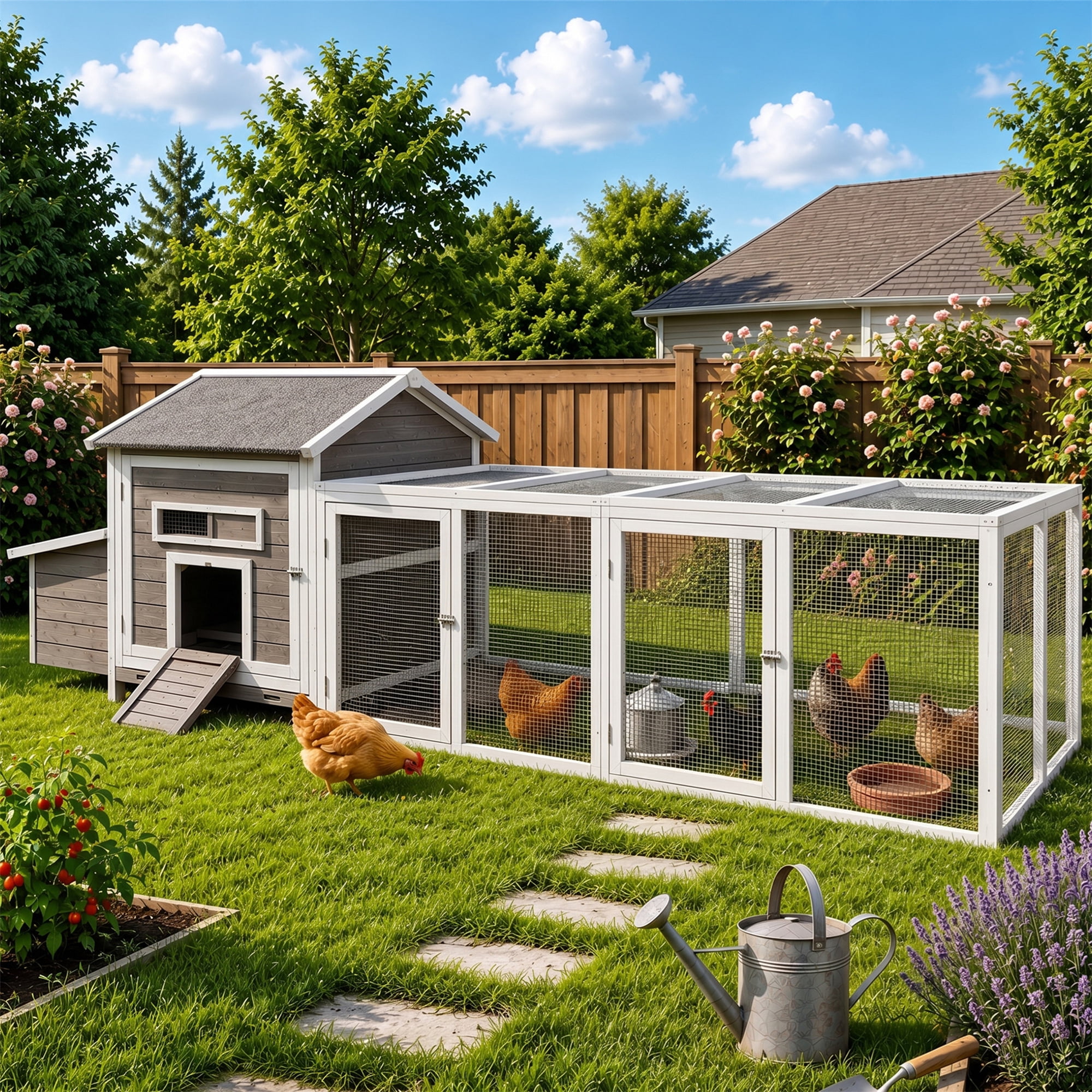 Aukfa 114" Large Chicken Coop Wood Chicken Run Cage w/ Nest Box and Pull-on Tray for Outdoor, Backyard, Gray
