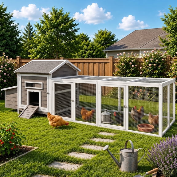 Aukfa 114" Large Chicken Coop Wood Chicken Run Cage w/ Nest Box and Pull-on Tray for Outdoor, Backyard, Gray