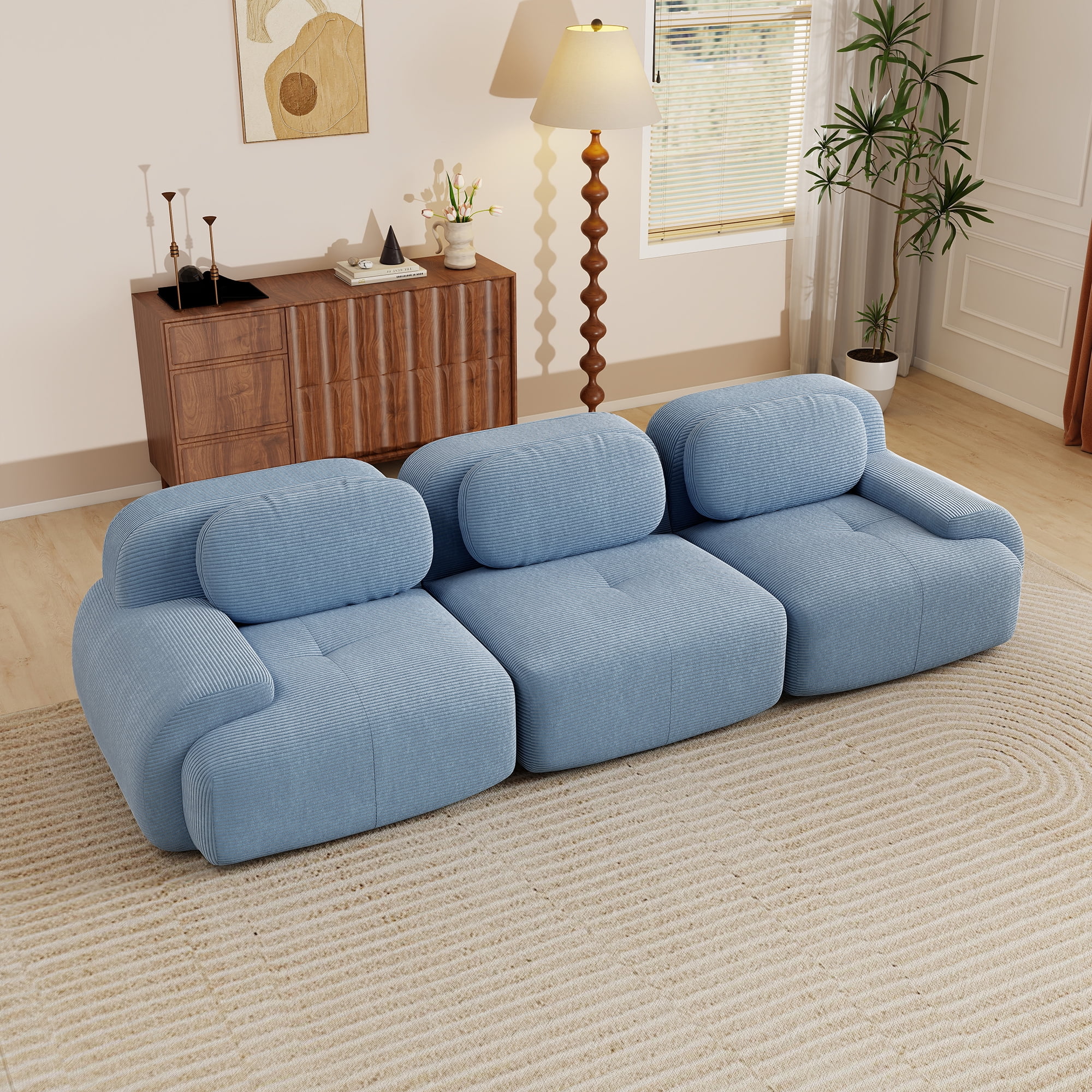 Aukfa 118" Modular Sectional Sofa, 3-Seater Deep Seat Couch for Living Room, Corduroy, Blue