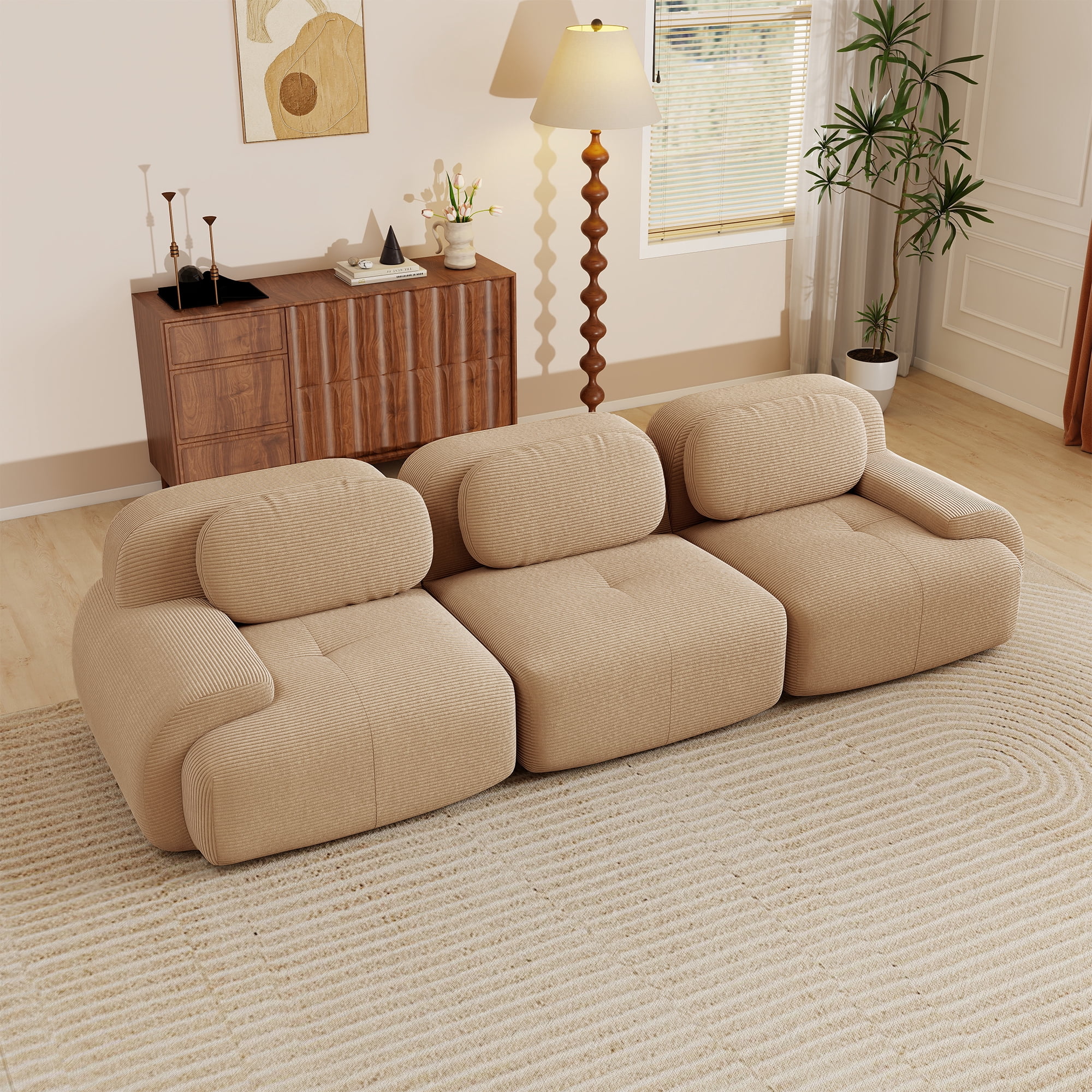 Aukfa 118" Modular Sectional Sofa, 3-Seater Deep Seat Couch for Living Room, Corduroy, Coffee