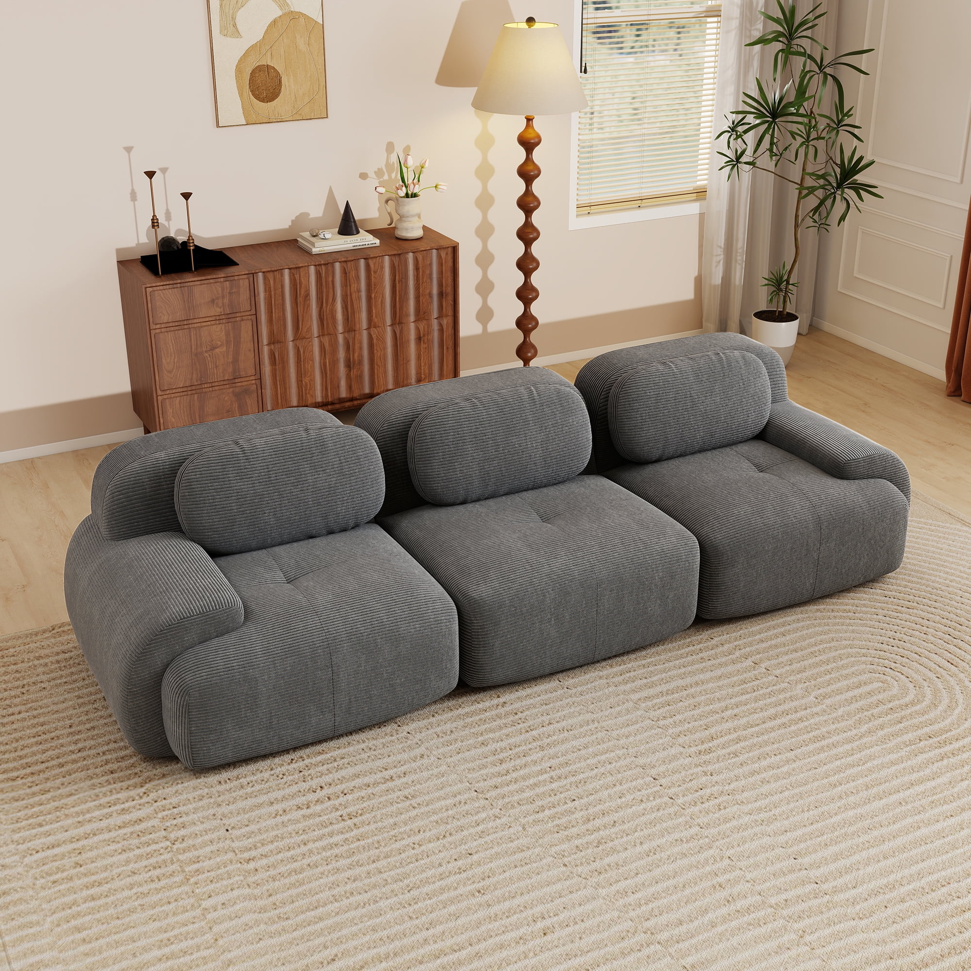 Aukfa 118" Modular Sectional Sofa, 3-Seater Deep Seat Couch for Living Room, Corduroy, Gray