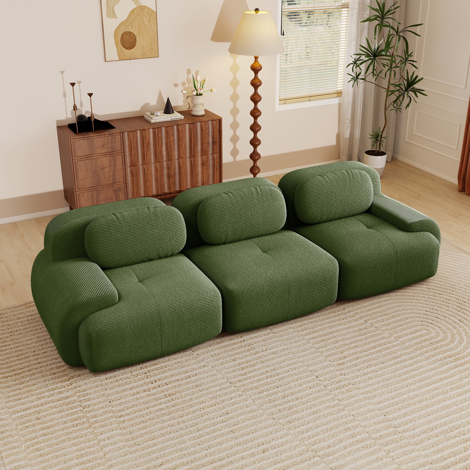 Aukfa 118" Modular Sectional Sofa, 3-Seater Deep Seat Couch for Living Room, Corduroy, Green