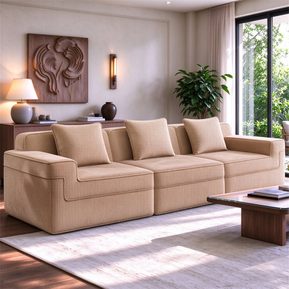 Aukfa 118" Oversized Cloud Boneless Couch Deep Seat 3 Seat Modular Sofa for Living Room Bedroom, 3 Pillows, Corduroy, Camel