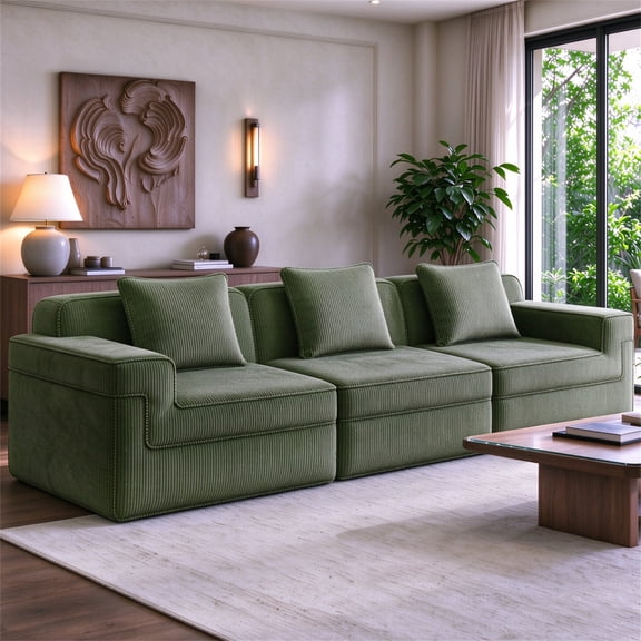 Aukfa 118" Oversized Cloud Boneless Couch Deep Seat 3 Seat Modular Sofa for Living Room Bedroom, 3 Pillows, Corduroy, Green