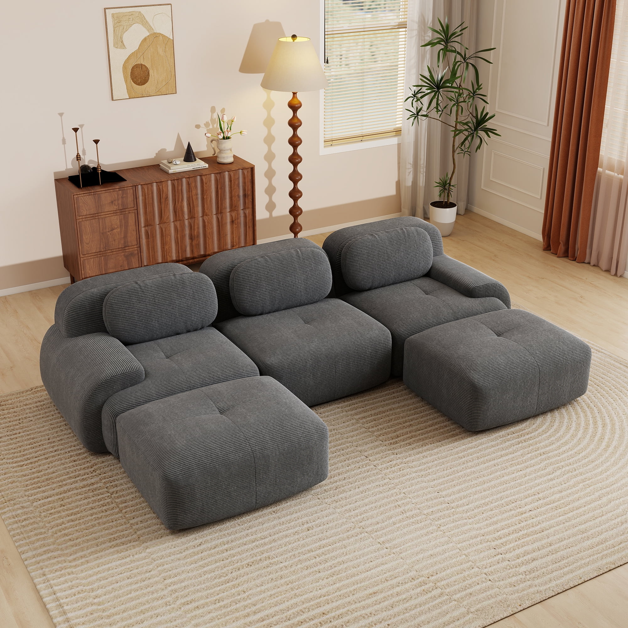 Aukfa 118" U-Shaped Modular Sectional Sofa, Deep Seat Living Room Couch, Corduroy, No Assembly, Gray