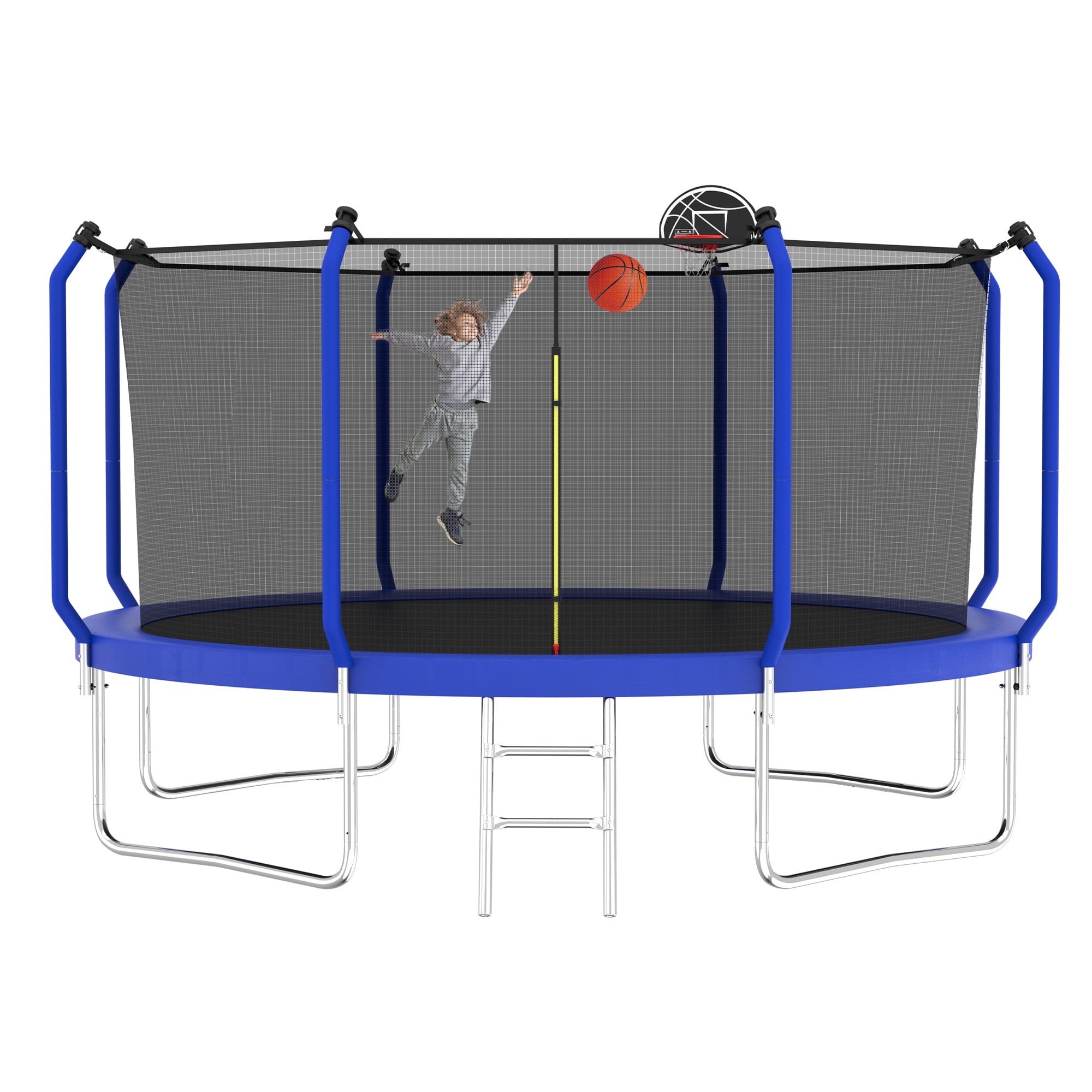 Aukfa 12 FT Trampoline with Safety Enclosure, Basketball Hoop & Ladder, Heavy-Duty Outdoor Jumper for Kids & Adults, Blue