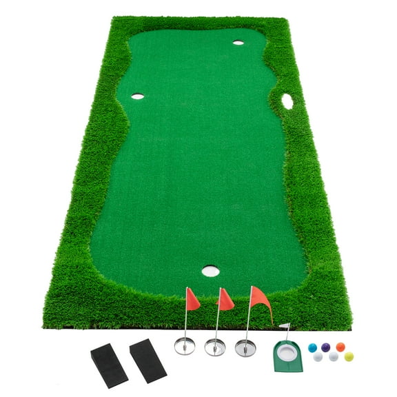 Aukfa 12 x 5 FT Golf Putting Green Indoor Outdoor ProfessionalPractice Putting Green Mat, 3 Holes, 3 Flags and Cups