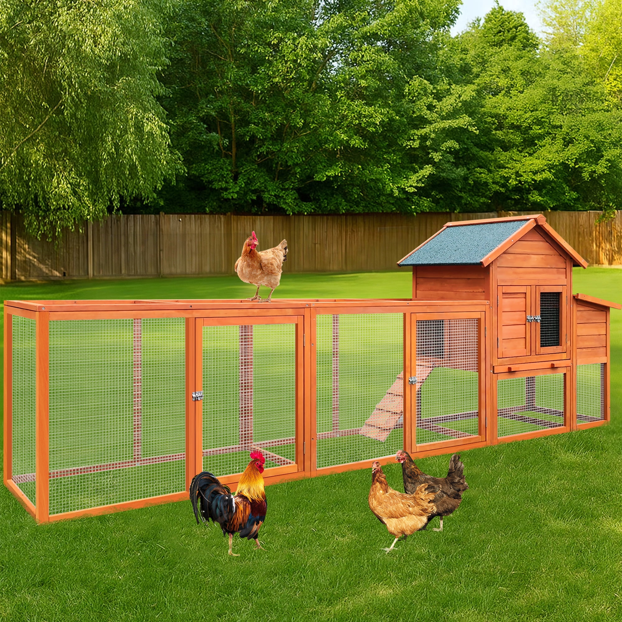 Aukfa 122" Large Chicken Coop Wood 2 Tier Chicken Run Cage w/ Nest Box for Outdoor, Backyard, Brown