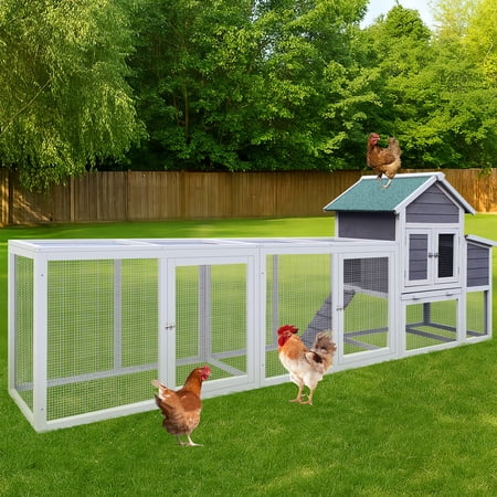 Aukfa 122" Large Chicken Coop Wood 2 Tier Chicken Run Cage w/ Nest Box for Outdoor, Backyard, Gray