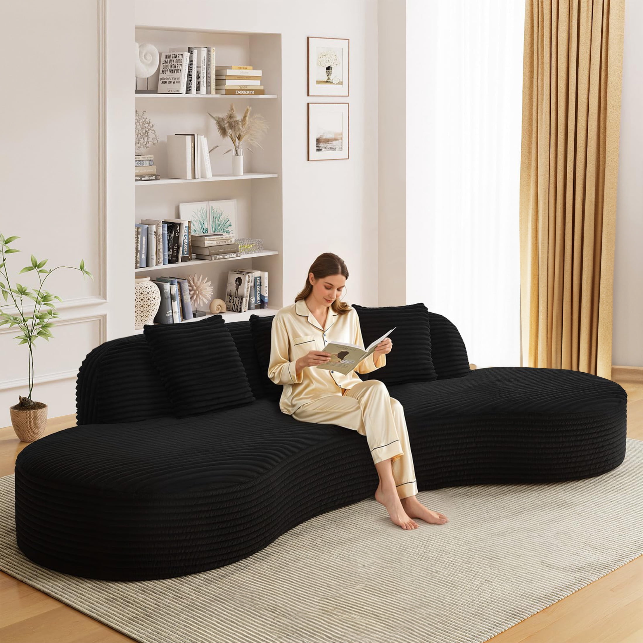 Aukfa 123.2" Oversized Cloud Sectional Sofa – Curved Upholstered Living Room Couch with 3 Pillows, No Assembly, Black