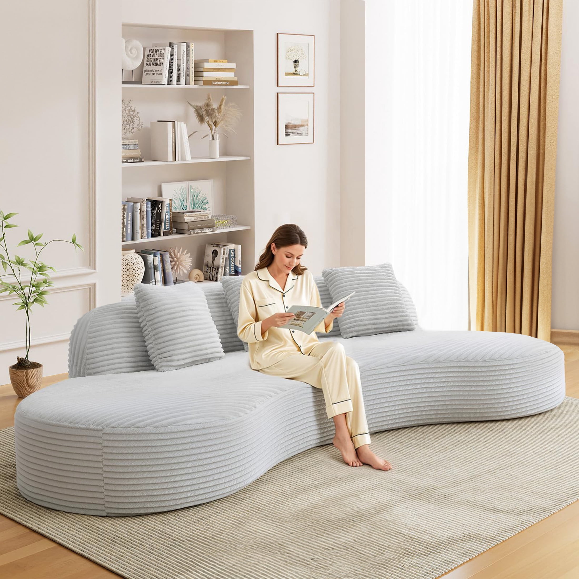 Aukfa 123.2" Oversized Cloud Sectional Sofa – Curved Upholstered Living Room Couch with 3 Pillows, No Assembly, Gray