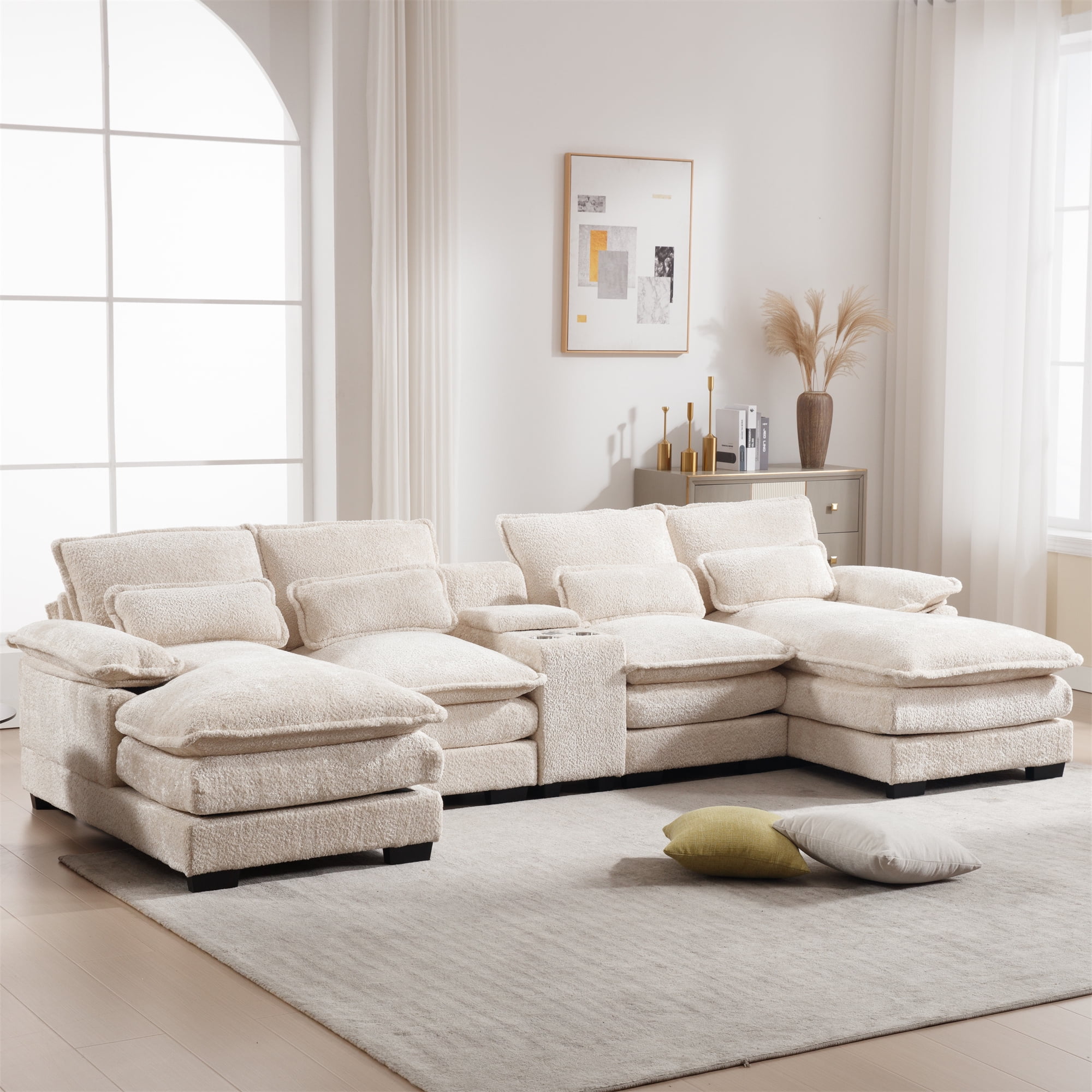 Aukfa 123" Oversized Sectional Sofa U-shaped Couch w/ Cupholder Console & USB Port for Living Room, Chenille, Beige