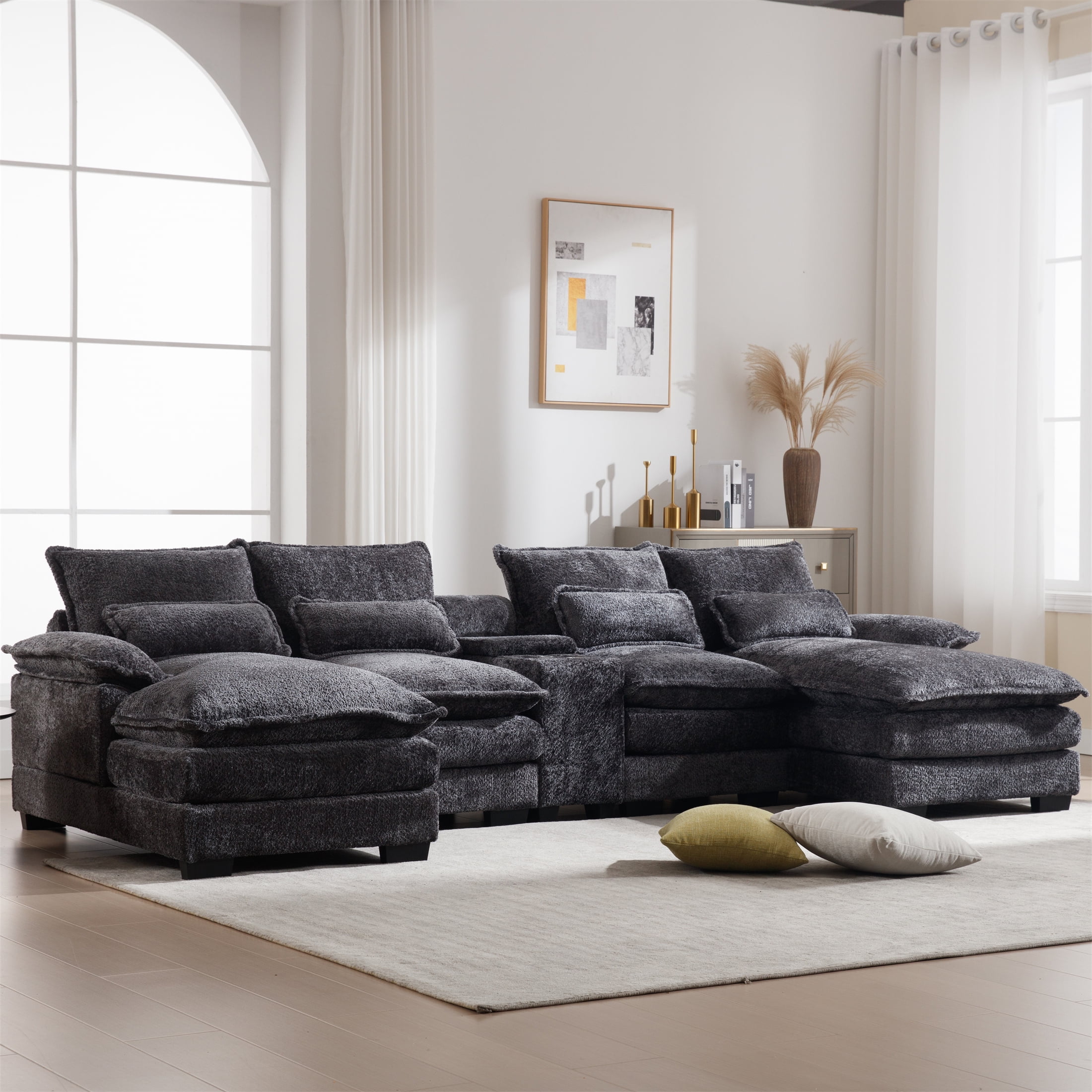 Aukfa 123" Oversized Sectional Sofa U-shaped Couch w/ Cupholder Console & USB Port for Living Room, Chenille, Gray