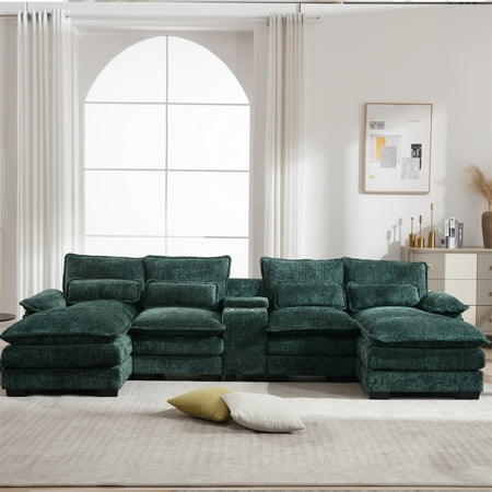 Aukfa 123" Oversized Sectional Sofa U-shaped Couch w/ Cupholder Console & USB Port for Living Room, Chenille, Green