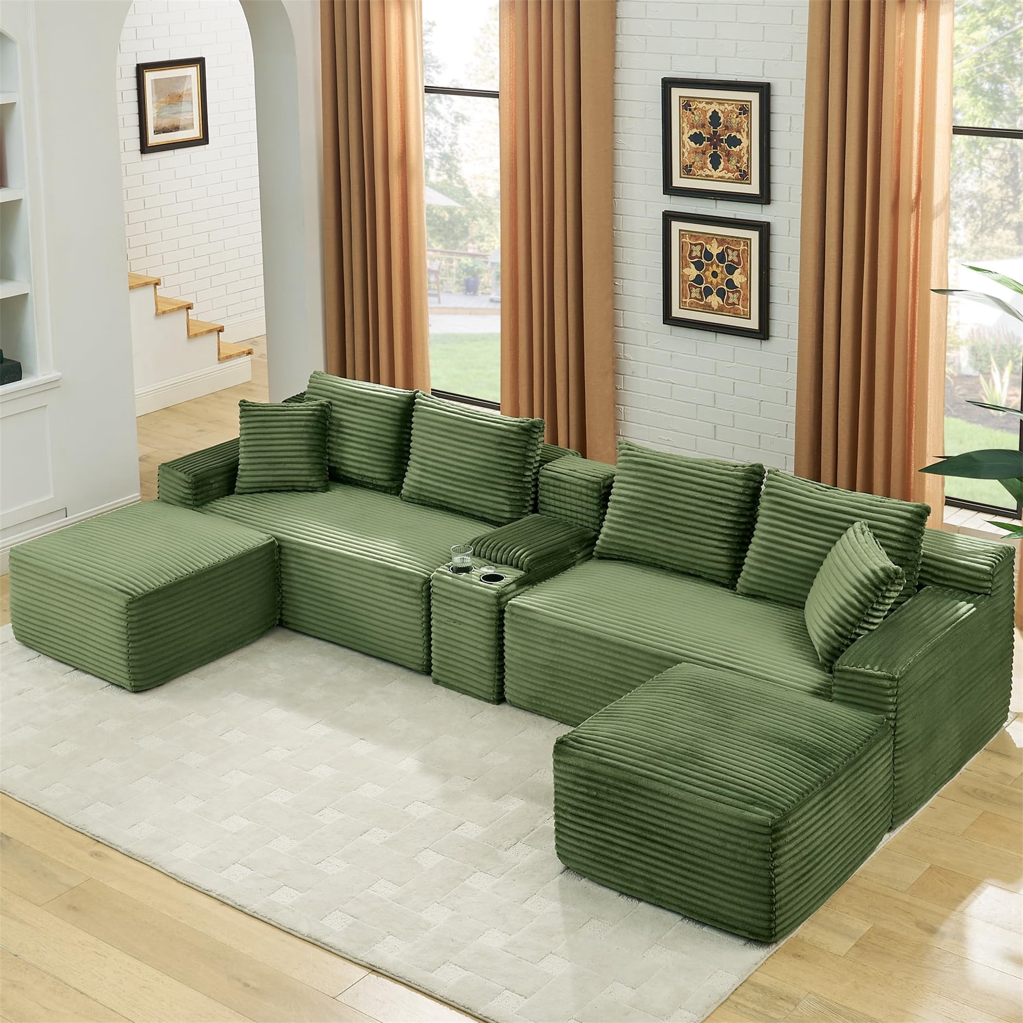 Aukfa 127 inch Oversized U Shaped Cloud Sectional Sofa Modular Boneless Couch with USB&Cup Holder Wooden Storage Console, Corduroy Sofa for Living