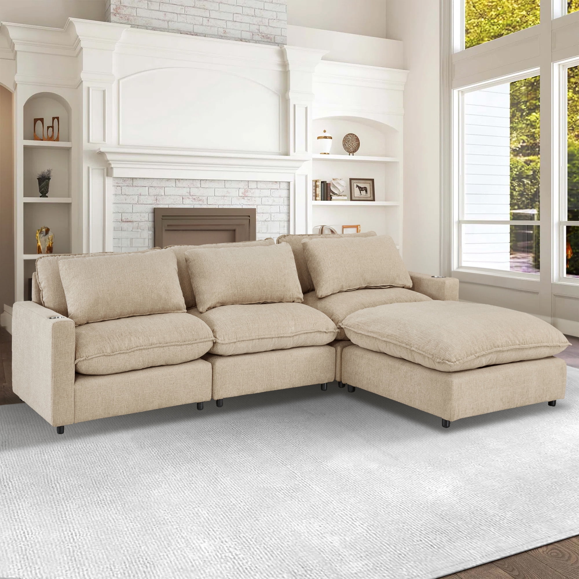Aukfa 128" Modular Sectional Sofa with Cup Holders, Chenille L Shaped Couch with Convertible Chaise, Beige