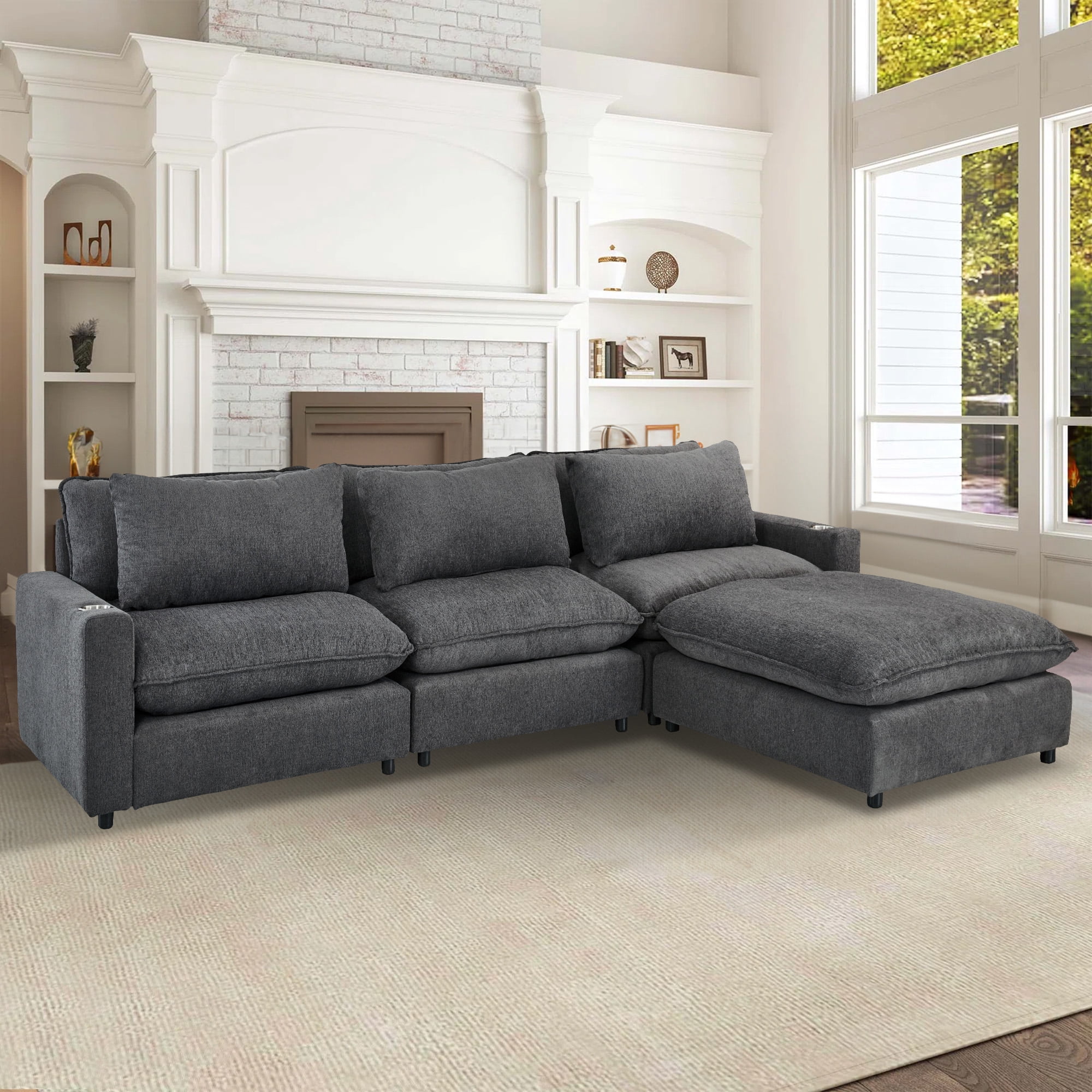Aukfa 128" Modular Sectional Sofa with Cup Holders, Chenille L Shaped Couch with Convertible Chaise, Dark Gray
