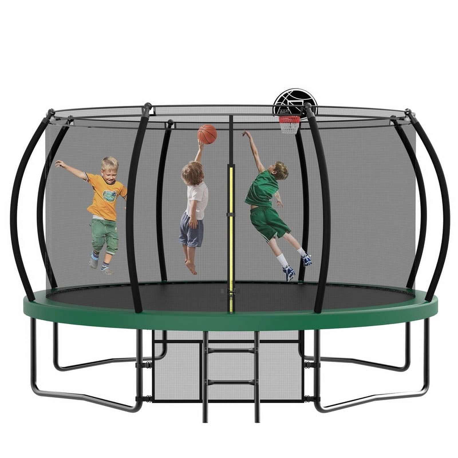 Aukfa 12FT Trampoline with Basketball Hoop for Kids, Outdoor Pumpkin Trampoline with Enclosure for Backyard - Green