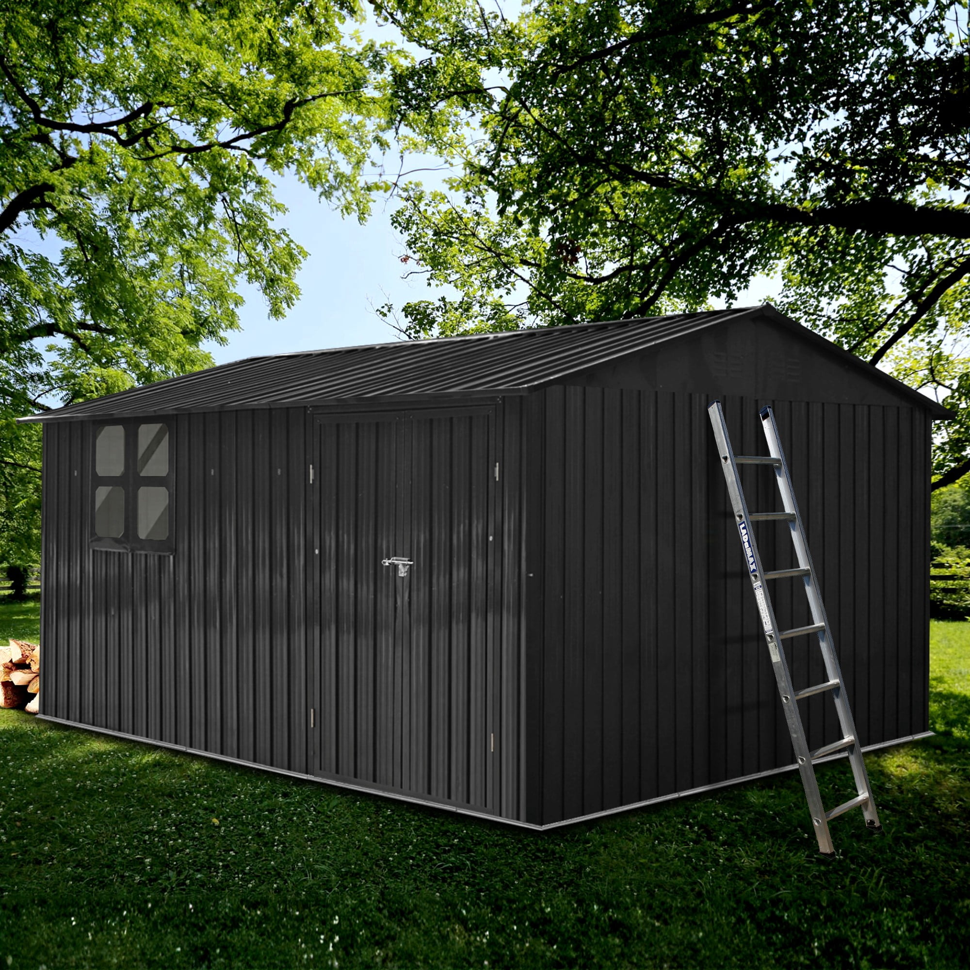 Aukfa 12FT x 10FT Outdoor Storage Shed, Metal Shed Storage with Window, Roof Slope Tool Shed with Door and Padlock for Backyards, Patio Lawns and Outdoor, Black