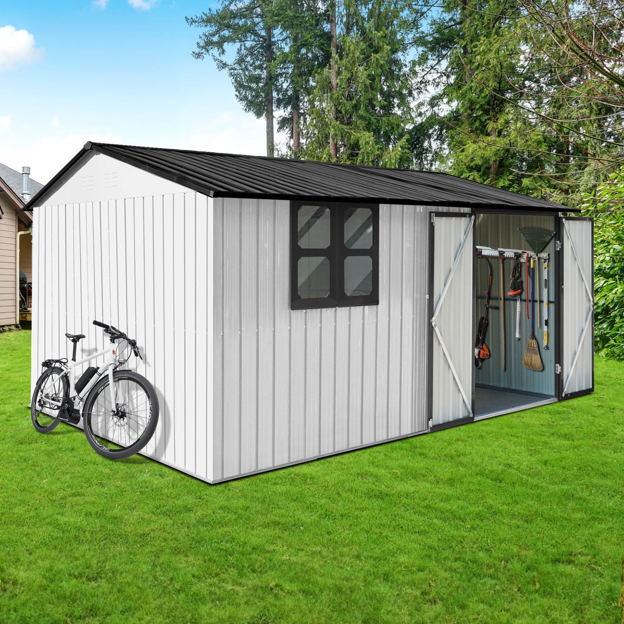 Aukfa 12FT x 10FT Outdoor Storage Shed, Metal Shed Storage with Window, Roof Slope Tool Shed with Door and Padlock for Backyards, Patio Lawns and Outdoor, White/Black
