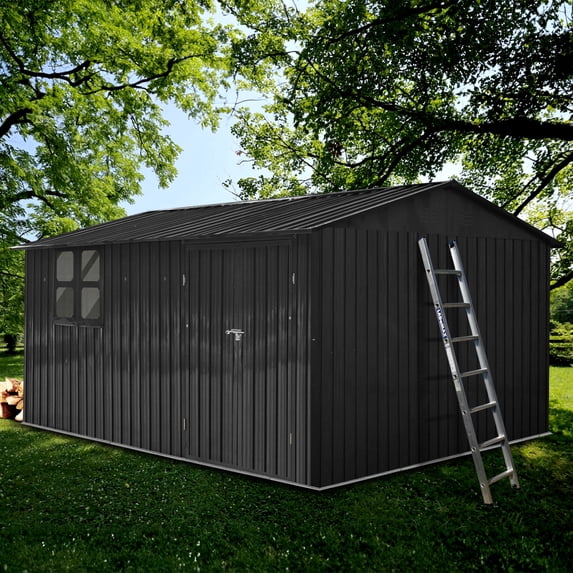 Aukfa 12FT x 10FT Outdoor Storage Shed, Metal Shed Storage with Window, Roof Slope Tool Shed with Door and Padlock for Backyards, Patio Lawns and Outdoor, Black