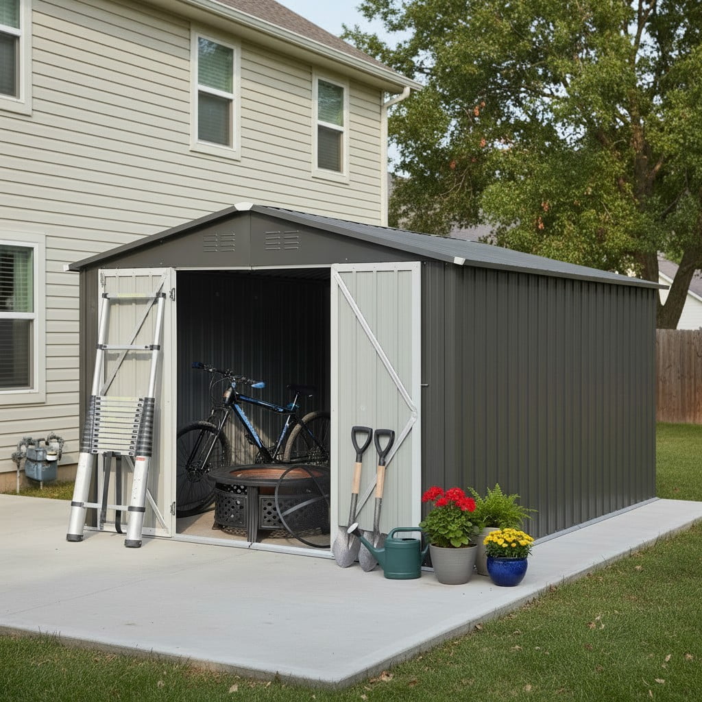 Aukfa 12x10 FT Metal Outdoor Storage Shed with Lockable Double Doors & Ventilation, Heavy-Duty Galvanized Steel Garden Shed for Backyard Patio Lawn Tool & Bike Storage, Gray