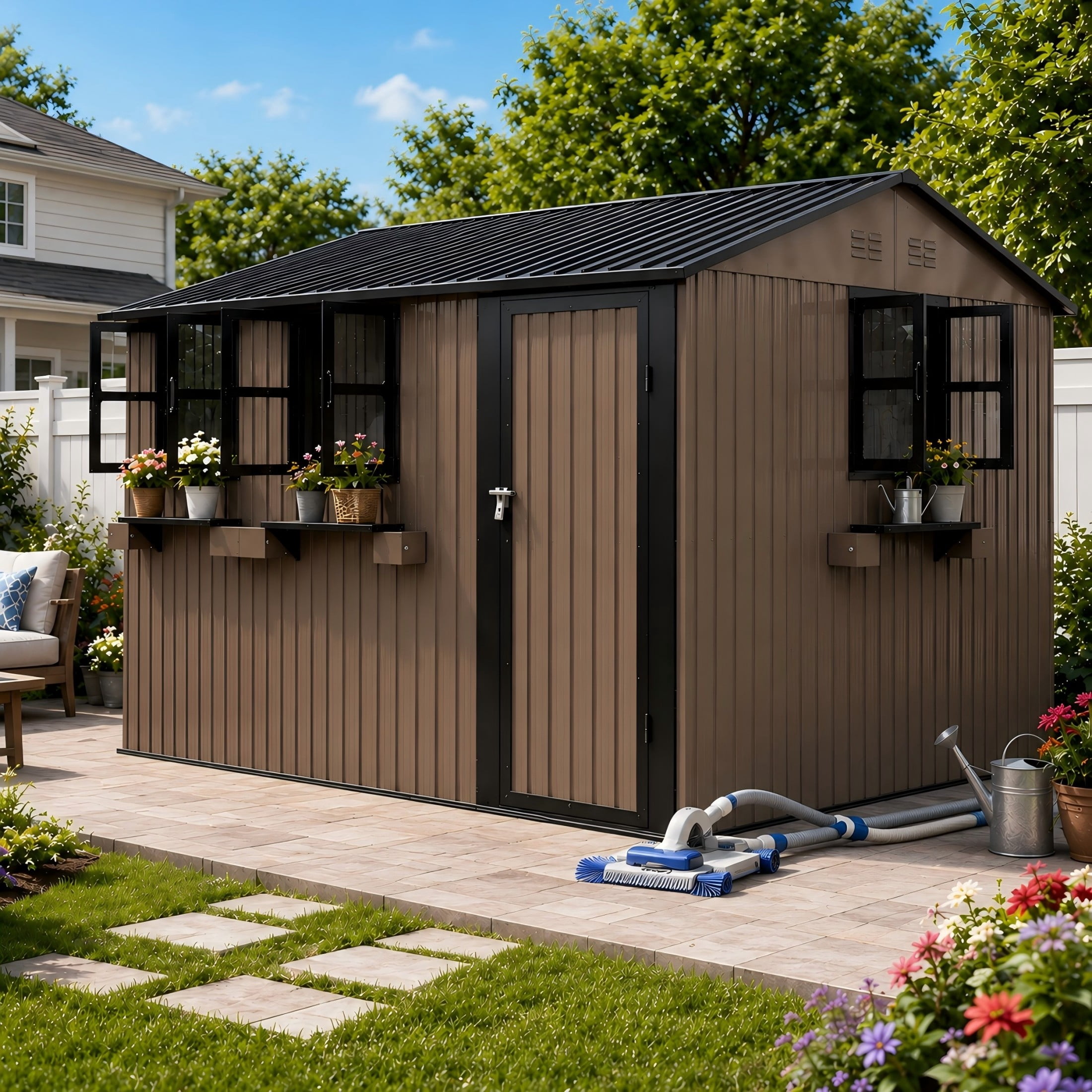 Aukfa 12x10 FT Outdoor Metal Storage Shed with 3 Windows & Flower Racks, Lockable Steel Garden Tool Shed for Lawn Mowers, Bikes and Patio Equipment, Brown