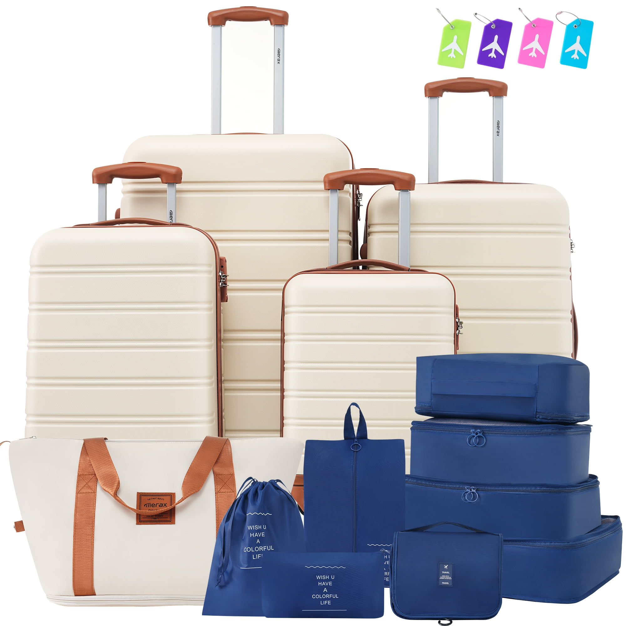 Aukfa 13 Piece Luggage Set Expandable Hardside Carry on Suitcase Set with TSA Lock (16/20/24/28) - Beige