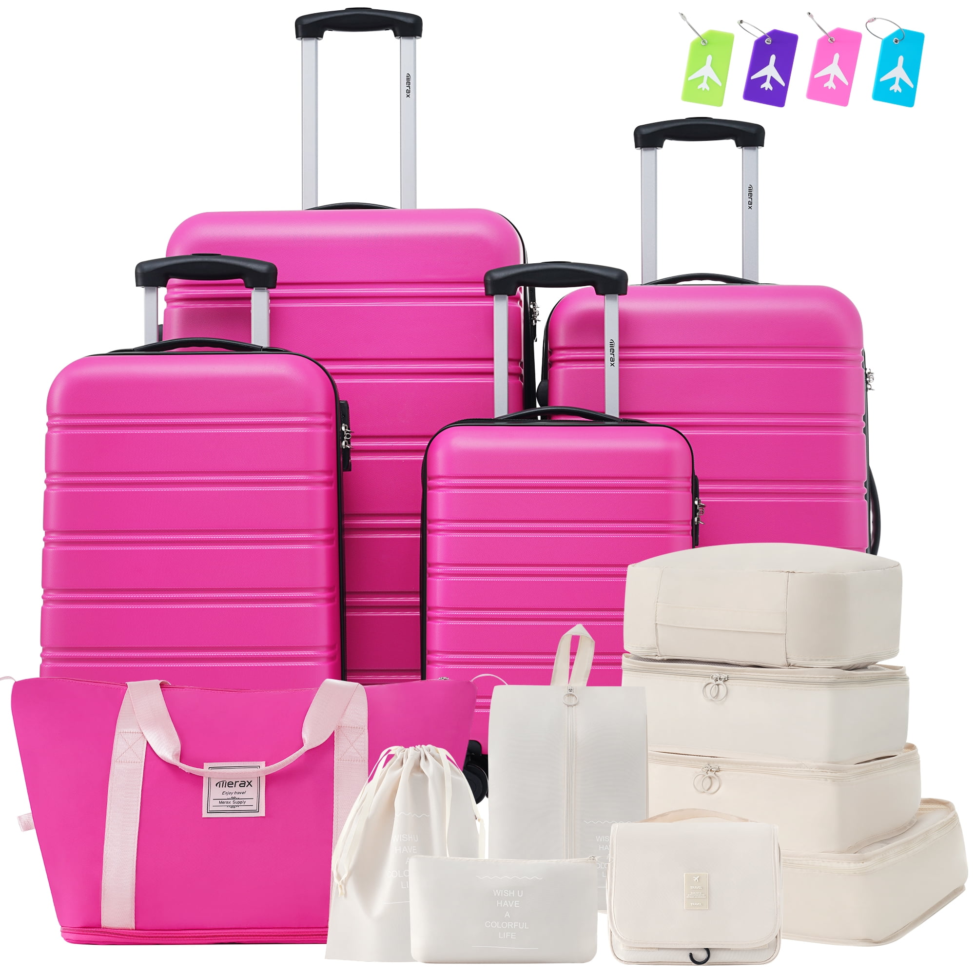Aukfa 13 Piece Luggage Set Expandable Hardside Carry on Suitcase Set with TSA Lock (16/20/24/28) - Pink