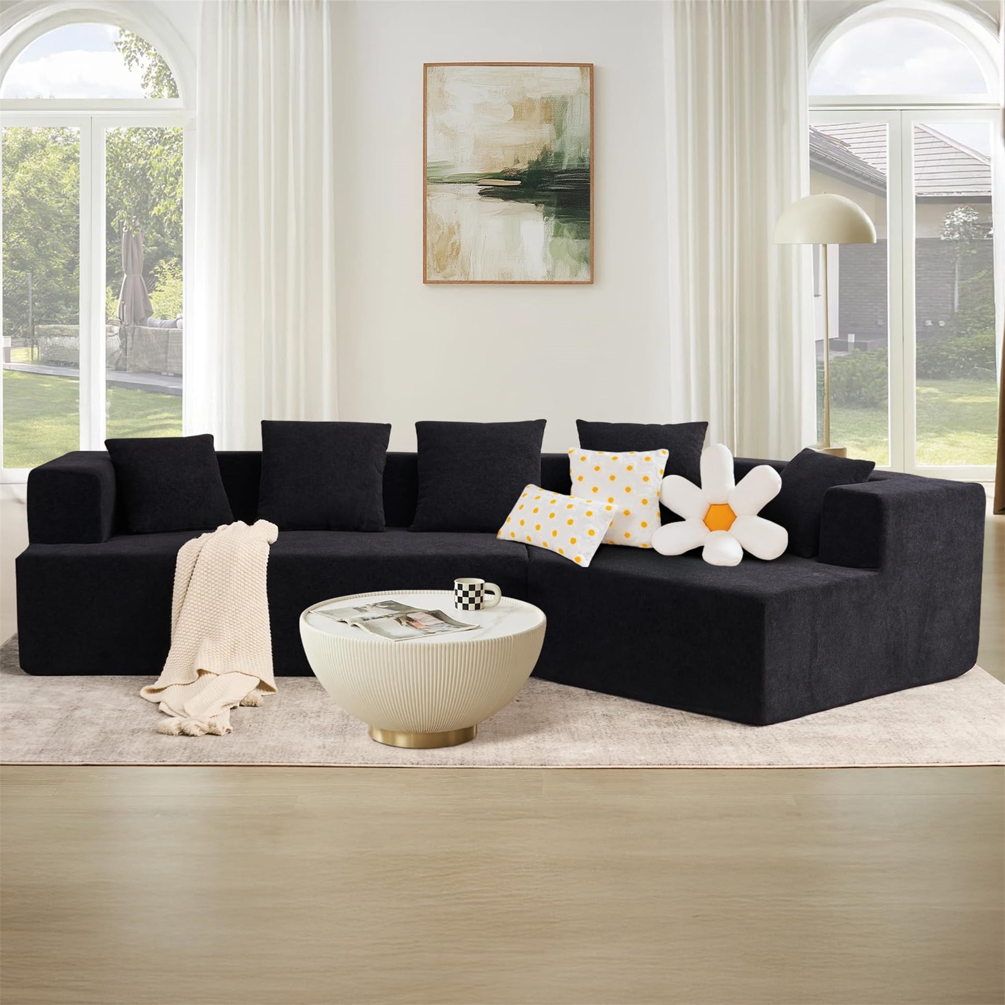Aukfa 130" Oversized Modular Sectional Sofa Boneless Sofa with Chiase, 5 Pillows, Chenille, Black