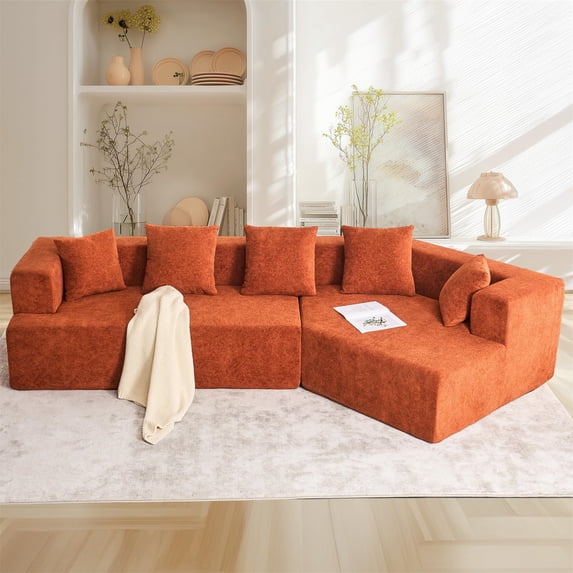 Aukfa 130" Oversized Modular Sectional Sofa Boneless Sofa with Chiase, 5 Pillows, Chenille, Orange