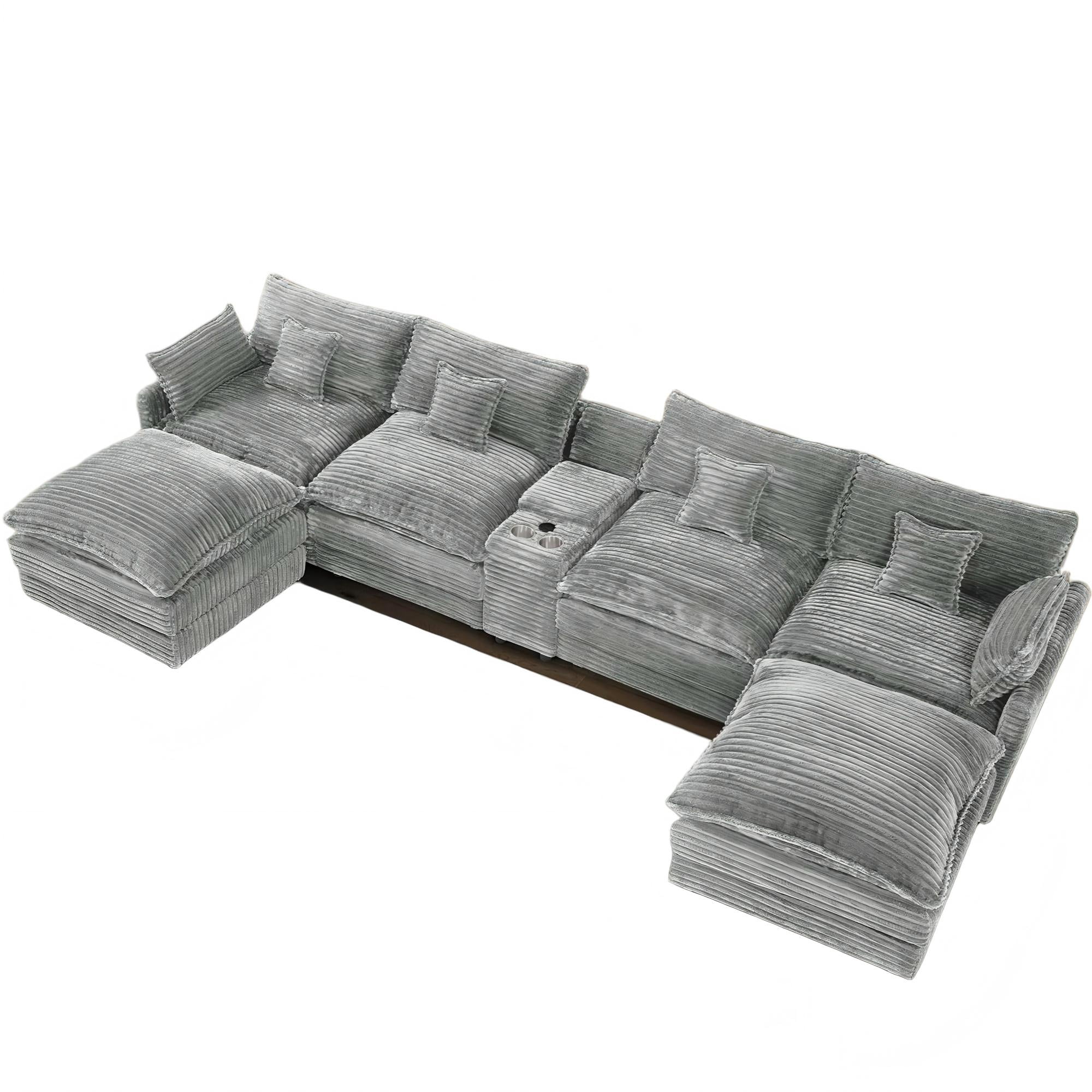 Aukfa 141" U Shaped Cloud Couch Oversized Sectional Sofa with USB & Cup Holder Storage Console Modular Sofa for Living Room, 2 Ottoman, Corduroy, Light Gray