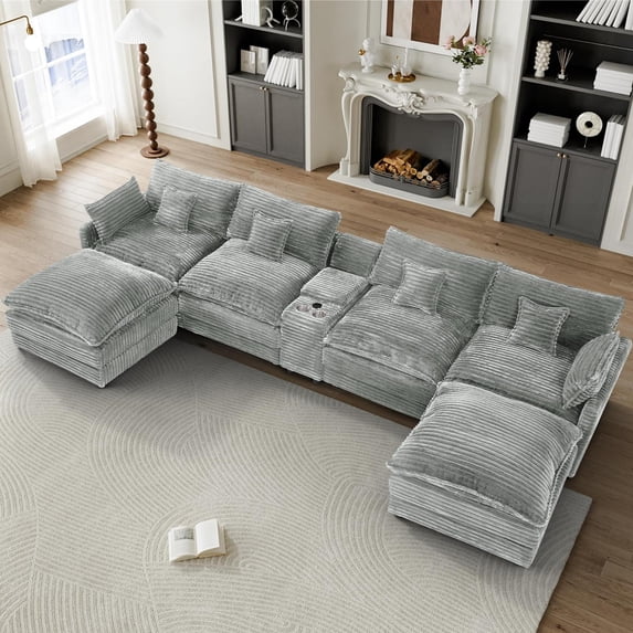 Aukfa 141" U Shaped Cloud Couch Oversized 6 Seat Sectional Sofa with USB&Cupholdes Storage Console for Living Room, Corduroy, Light Gray