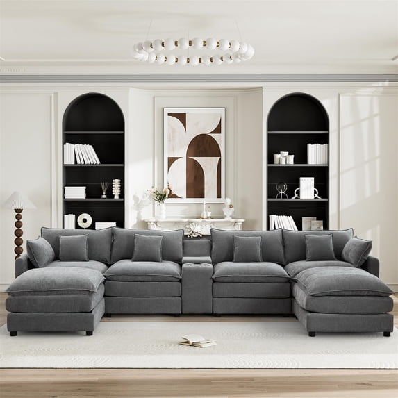 Aukfa 145" U Shaped Cloud Couch Oversized 6 Seat Sectional Sofa with USB&Cupholdes Storage Console for Living Room, Chenille, Gray
